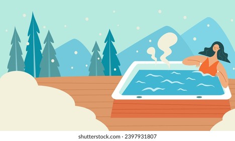 Girl relaxes in a jacuzzi in a hotel outside the country in winter. Vector illustration.