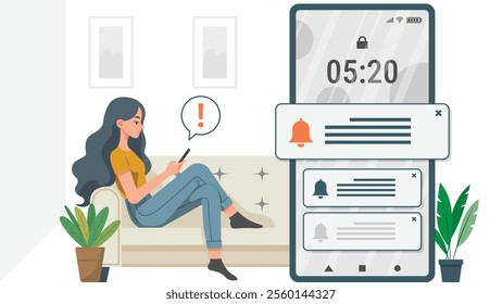 A girl relaxes on a sofa while scrolling on her phone. Beside her, a large screen displays a prominent notification: 'You have a new message!' in a clean, flat vector style.