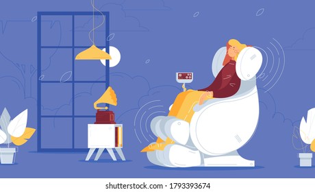 Girl relaxes in a professional massage chair listening to music. Flat concept illustration
