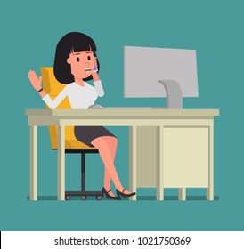 The girl relaxes talking on the phone while sitting at the computer. Vector illustration. Suitable for animation (individual segments)