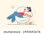 Girl relaxing in armchair vector illustration. Woman resting with laptop and cup of coffee flat style. Happy weekend, cozy home atmosphere and relaxation concept. Isolated on yellow background