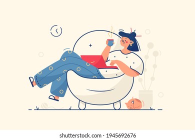 Girl relaxing in armchair vector illustration. Woman resting with laptop and cup of coffee flat style. Happy weekend, cozy home atmosphere and relaxation concept. Isolated on yellow background