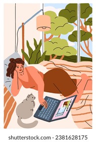Girl relaxing in bed, surfing internet at laptop computer. Young woman resting at home, watching online videos, lying with cat in bedroom at weekend. Lazy leisure time. Flat vector illustration