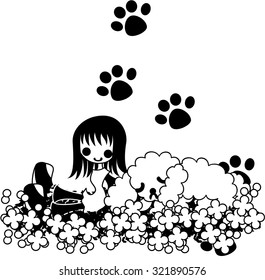 A girl relaxing with a dog on a field.