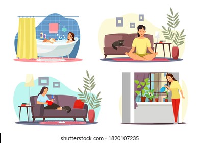 Girl relaxing at home alone vector illustration set. Woman cartoon character doing yoga, taking bath, watering plants, reading book in cozy room. Stay positive, calm and safe during summer time.