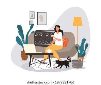 Girl relaxing at home with coffee and her cat sitting on the sofa drinking with a happy smile, colored vector illustration