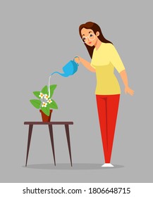 Girl relaxing at home watering plant alone. Happy peaceful woman cartoon character in cozy room. Stay positive, calm and safe during summer time vector illustration.