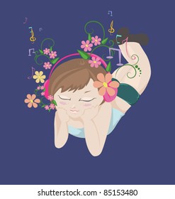 Girl relaxing and listening music, with some floral elements/Girl listening music