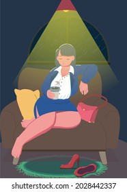 girl relaxing lying on the sofa at home after a tiring day of work having a coffee