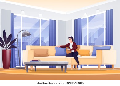 Mädchen entspannen im modernen Wohnzimmer. Frau mit Telefon auf Sofa, Vektorgrafik. Innendesign-Hintergrund für Erholung und Erholung.