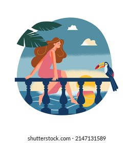 Girl relaxing on balcony to enjoy open air in summer, tropical sunset in sky and sea vector illustration. Cartoon young woman with long hair sitting near toucan bird on terrace of hotel or villa
