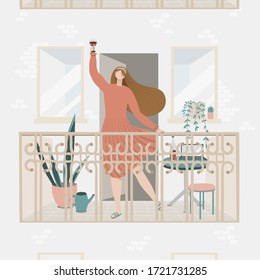 Girl relaxing on the balcony. Happy young woman drinking wine on the balcony. Social isolation during coronavirus. Stay home in quarantine.
Cute vector illustration in a flat style.
