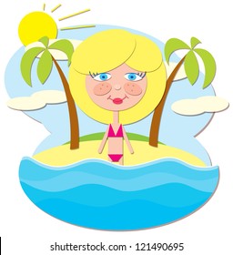 Girl relaxing on the beach. Applique style of drawing.