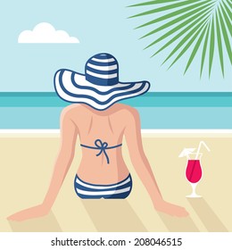 Girl, relaxing on the beach, drinking cocktail - vector illustration