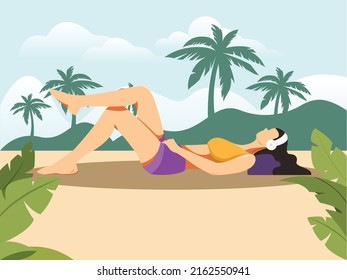 Girl Relaxing On Beach Listening Music. Summer Sunbathing Cartoon