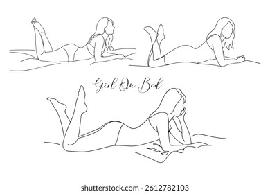 Girl Is Relaxing On Bed Continuous One Line Art Drawing Illustration Minimalist Icon Concept In Editable Stroke Style