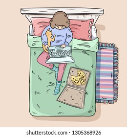 Girl relaxing on the bed. Freelancer with laptop, pizza and cat. Comic style image. Top view.