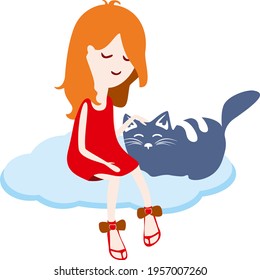 The girl relaxing on a cloud with a cat