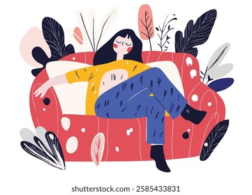 A girl relaxing on colorful sofa surrounded by plants, expressing comfort and tranquility. Her casual outfit adds to cozy atmosphere