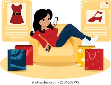 Girl Relaxing on Couch While Shopping Online with Smartphone - Flat Illustration of Modern E-commerce and Digital Shopping