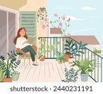 Girl relaxing on cozy balcony, sitting in armchair, reading a book. Happy person resting on green terrace, home garden with house plants. Spring or summer rooftop interior. Flat vector illustration