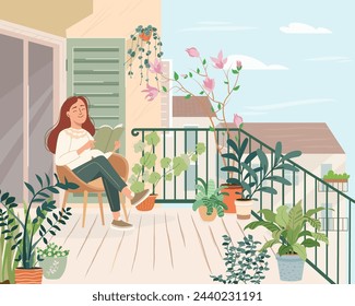 Chica relajante en el balcón acogedor, sentado en el sillón, leyendo un libro. Persona feliz que descansa en la terraza verde, jardín casero con plantas de la casa. Interior de la azotea de primavera o verano. Ilustración vectorial plana