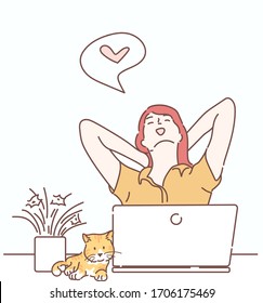 A girl relaxing on the desk and she's thinking of what she loves. Hand drawn in thin line style, vector illustrations.