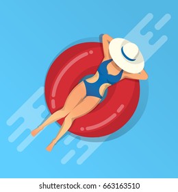 girl relaxing on inflatable ring on water, vector illustration