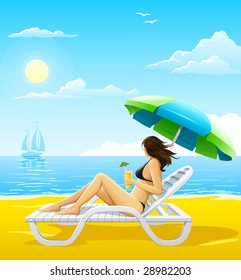 girl relaxing on the sea beach deck-chair - vector illustration