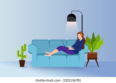 a girl is relaxing on the sofa and listening to music