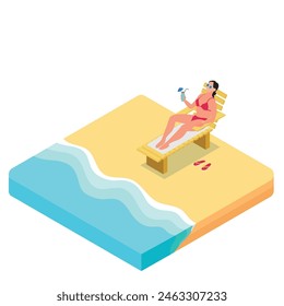Girl relaxing on the summer beach Isometric 