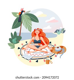 Girl relaxing on summer sea beach vacation vector illustration. Cartoon woman in bikini swimsuit sitting in lotus position under palm tree with parrot, reading book on seaside of tropical island