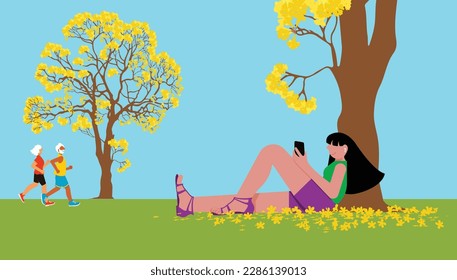 Girl Relaxing in the Park: Vector Illustration of a young woman sitting on grass, listening to music, leaning against a yellow tree on a beautiful sunny day, with an elderly couple walking in the back