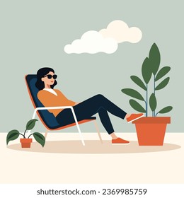 Girl relaxing and resting outdoors. Flat vector illustration