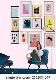 girl relaxing  in sofa at pink room  illustration. girl room 