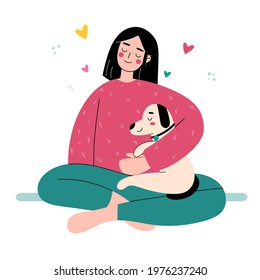 Girl Relaxing and Spending Time with your Dog. Character Take Care of Dog. Best friends. Pet Sitter and Animal Lover Concept. Flat Cartoon Vector Illustration.