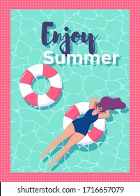 Girl relaxing in the swimming pool on  rubber ring. Summer vacation poster or flyer.  Party invitation. Modern style. Vector illustration