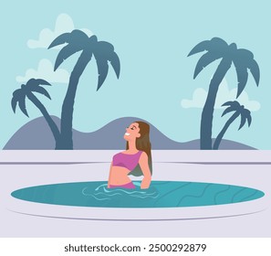 Girl relaxing in the swimming pool. Vector illustration.