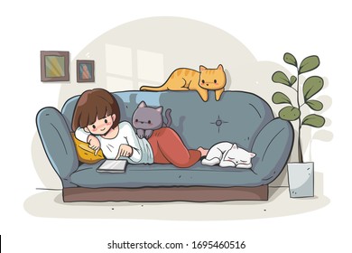 a girl relaxing with three cats