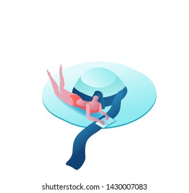 Girl relaxing, tropical spa background, summer party people, woman in swimsuit, cartoon hat, holiday concept, 3d isometric vector illustration