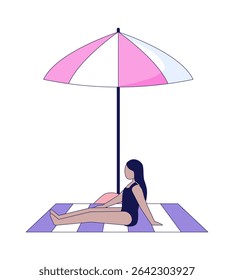 Girl relaxing under beach umbrella 2D cartoon character. Young woman in long dark hair in swimsuit sitting in parasol shade flat vector faceless person isolated on white. Spot illustration colorful