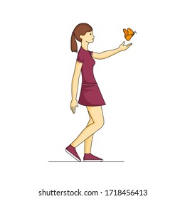 Girl releases a butterfly, freedom vector Illustration on a white background