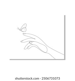 Girl releasing a butterfly. One continuous line drawing of hand holding butterfly. Beautiful flying moth for wellbeing beauty or spa salon logo in simple linear style. Editable stroke. Doodle outline 