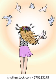 Girl releasing pigeon for freedom- fly white birds on bright sunny day with shining sunshine rays