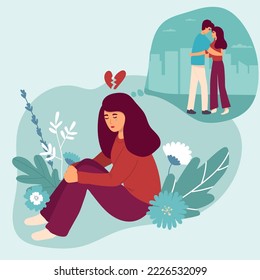 The Girl Remembers Relationships And Love With A Man, Separation Longing For Love. Flat Vector Illustration. Relationship And Healthcare Concept For Banner, Website Design Or Landing Web Page