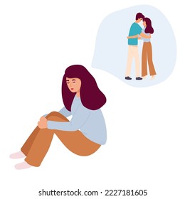 The Girl Remembers Relationships And Love With A Man, Separation Longing For Love. Flat Vector Illustration. Relationship And Healthcare Concept For Banner, Website Design Or Landing Web Page,