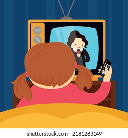 Girl With Remote Control Watching Old TV