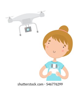 Girl with remote controlling aerial drone. Vector hand drawn cartoon illustration