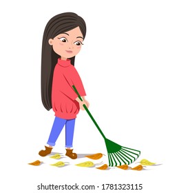 The girl removes autumn leaves with a green rake. A brunette in a red sweater. Autumn greetings of the season. Vector illustration on an isolated white background. Stock image.