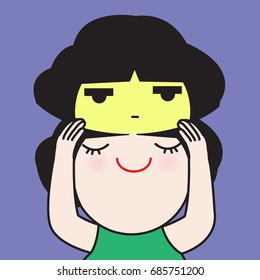 Girl Removing Her Bad Mood Face Head And Keep Smiling Instead Concept Card Character illustration